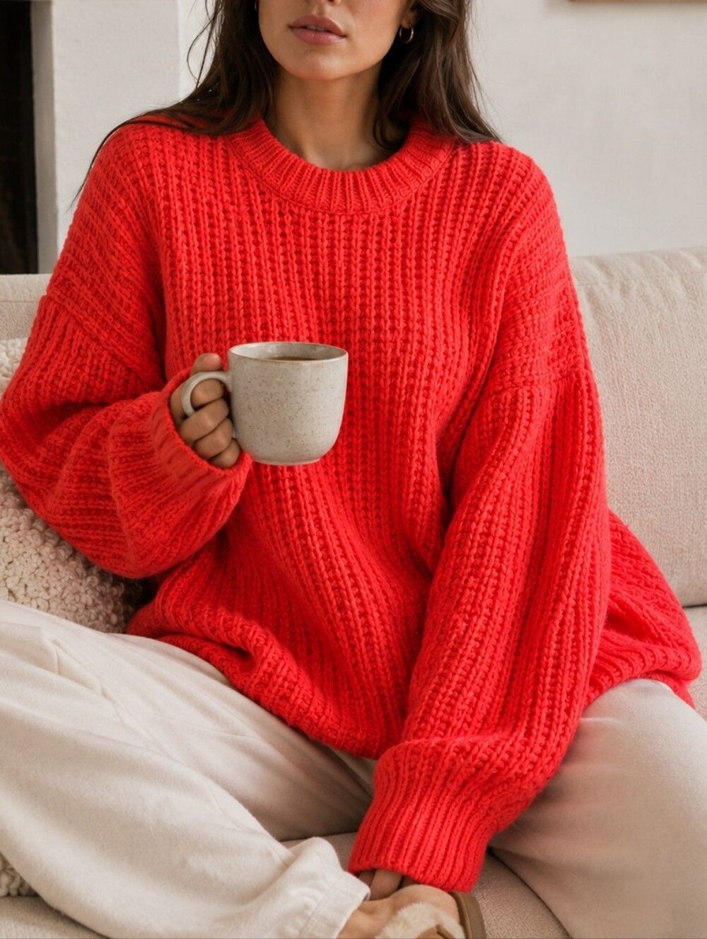 Aritzia Oversized Chunky Knit Sweater by TNA XS Neon Coral Cozycore Wool Blend